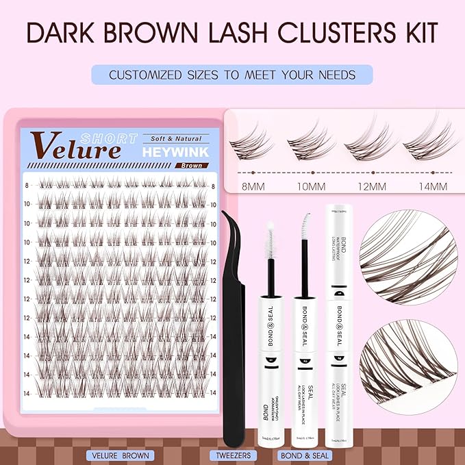 Brown Lash Clusters Kit Velure Lash Extensions Kit Dark Brown Natural Eyelash Clusters D Curly Short Lash Cluster 8-14mm Lash Clusters Natural with Invisible Band Individual Lashes(Velure-Dark Brown)