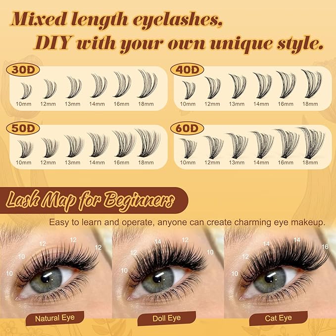 QUEWEL 480PCS Eyelash Clusters 30D+40D+50D+60D Wispy Lash Clusters 10-18mm Cluster Lashes Individual Lashes Clusters Reusable for Natural DIY Cluster Eyelash Extensions for Beginners