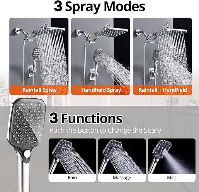 XXL 12.2" Rain Shower Head with Handheld Spray Combo, High Pressure Rainfall Shower Head, Height Adjustable Dual Shower Head, Luxury Waterfall Showerhead Bathroom