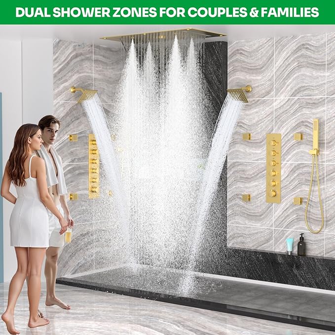 HOMEDEC Dual Shower System for Two, 15x28" Rain 4-Function & 6" Shower Heads, 5-Way Diverter Valves, Shower Faucet Set with Body Jets, Brushed Gold