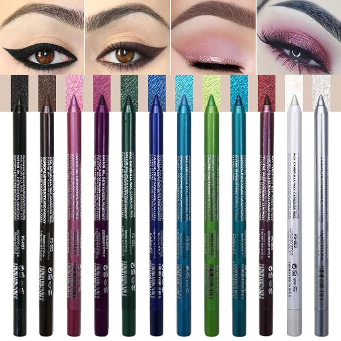 Colored Eyeliner, 12pcs Waterproof Gel Eyeliner Pencil Set with Metallic & Shimmer Finishes, Smudge-Proof & Long-Lasting Eye Liners