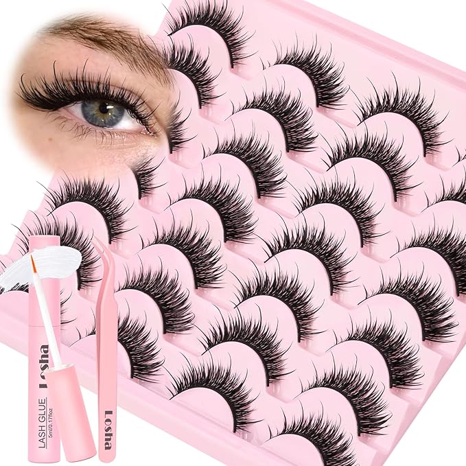 Losha Lashes Wispy Volume Manga Lashes Spiky False Eyelashes 14 Pairs Natural Anime Eye Lashes Kit with Lash Glue and Lash Tweezers Asian Fake Eyelashes (Vivid)