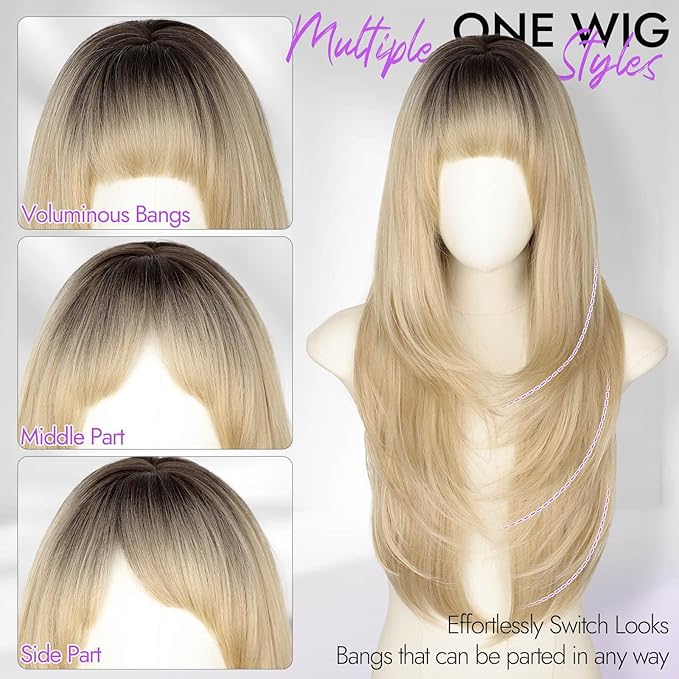 Long Ombre Blonde Wig with Bangs for Women,4x4 Realistic Scalp,Free Parting,Layered Hairstyle Synthetic Heat Resistant for Daily Party Use 26 inch