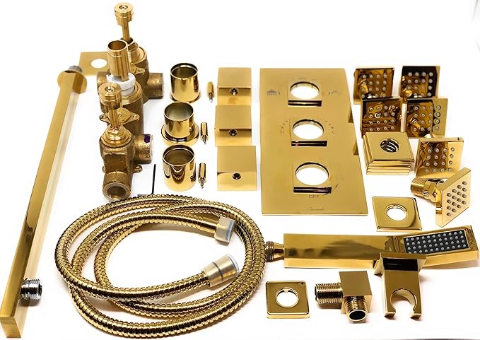 Cascada Luxury Bathroom Shower Set with Luxury Water Power LED Shower Head (Wall Mount) Rainfall Thermostatic 6 Massage Jets Spray Body Shower Set (12", Gold)