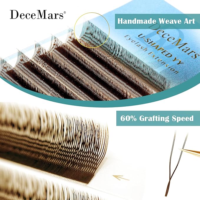 DeceMars 1400 Fans U Shaped YY Eyelash Extensions 2D 4D Premade Natural Soft Handwoven Eye Lashes Y Shape Lash Extensions 12 Rows Volume Crisscross Eyelashes Brown Mesh Wispy Clusters (UU-0.07-L-6mm)