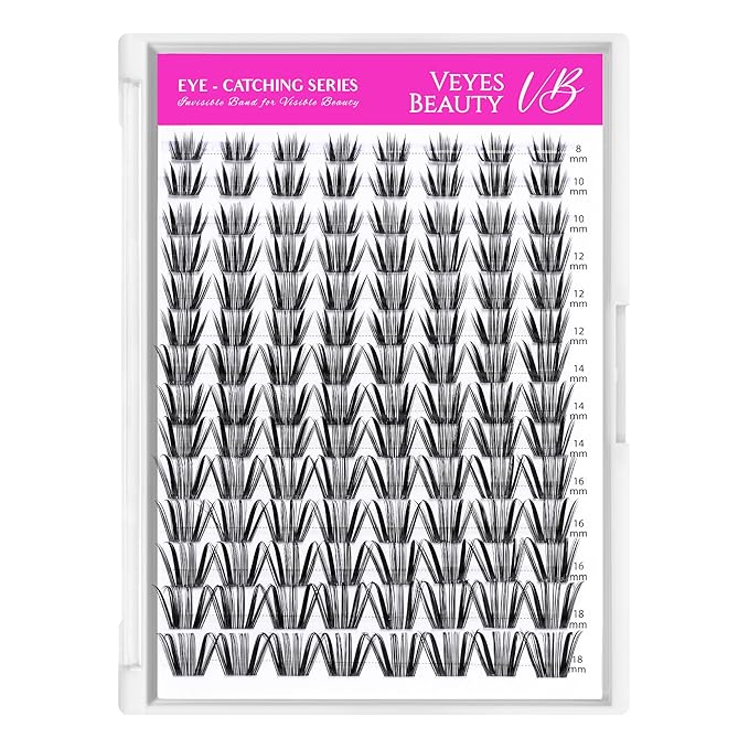 VEYESBEAUTY Lash Clusters Individual Eyelash Extensions Thin & Invisible Band DIY False Eyelashes for Self-application Eye-Catching Series Wispy Lash Tray, Crown 8-18mm Mixed Length