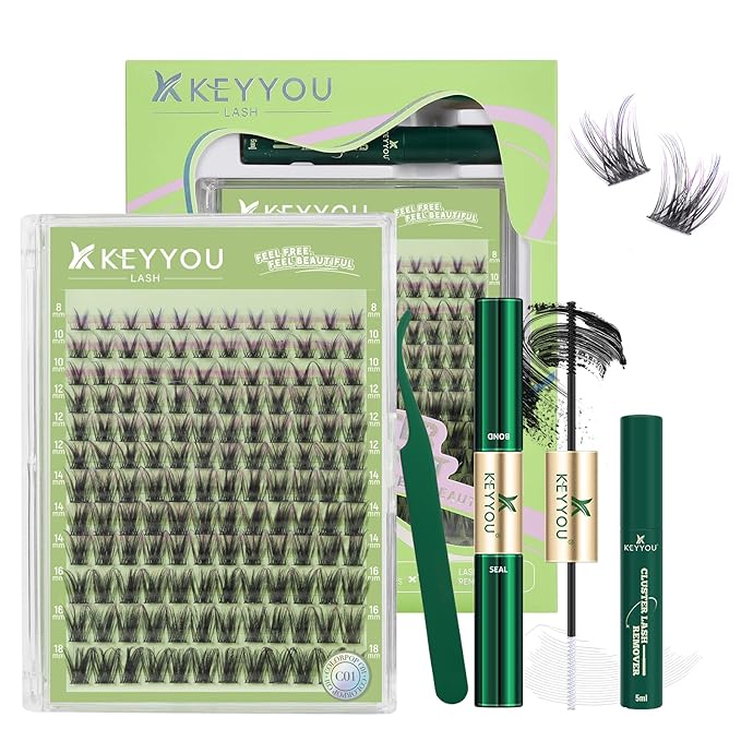 KEYYOU LASH Clusters kit 144pcs with Colored Eyelash Clusters Individual Eyelash Extension Kit 8-18mm with Lash Bond Seal Remover Applicator for DIY Lashes Extensions at Home(C01)