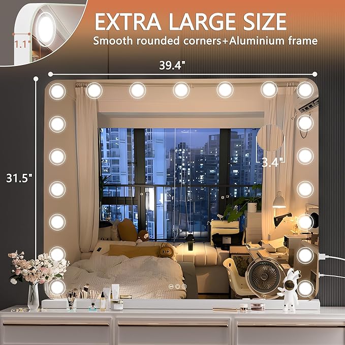 Hasipu Vanity Mirror with Lights, 40" x 32" Makeup Mirror, Light up Mirror with 19 Dimmable LED Lights and 10X Magnification, 3 Colors Modes, Touch Control, USB Charging Port, White (Round)