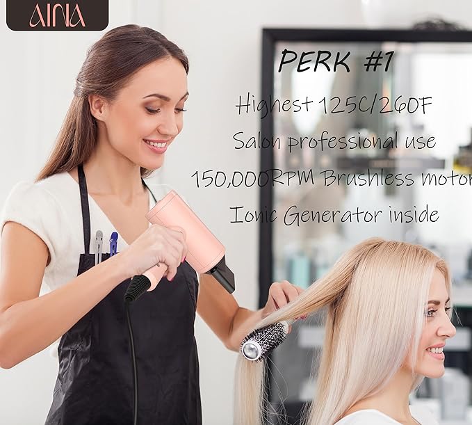 AINA Pro Salon Hair Dryer(New tech),2000W Blow Dryer with Diffuser Comb for Women | BLDC Hair Dryer | Brushless Motor 150,000 RPM | Ionic | LED Display | 4 Magnetic Attachments 110V/ALCI(Baby Pink)