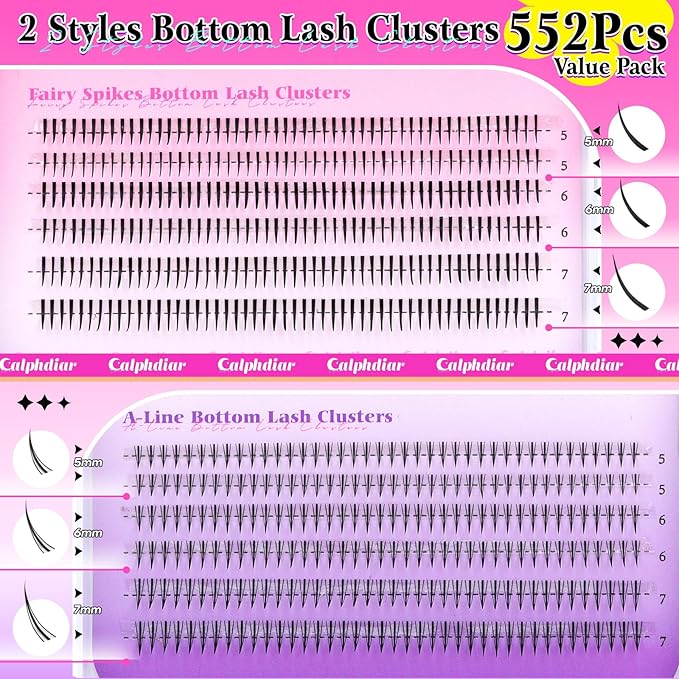 calphdiar Bottom Lashes Extension 552pcs Natural Lower Eyelash Clusters 5-7mm Bottom Lash Clusters 2 Styles Individual Lashes DIY Bottom Cluster Eyelash Extensions
