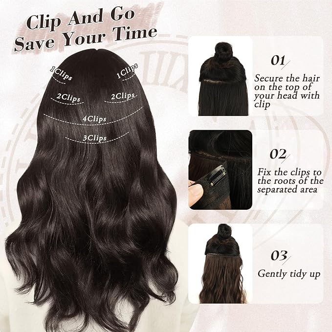 BARSDAR Beach Wavy Dark Brown Clip in Hair Extensions – 16 Inch 6PCS Thick Soft Synthetic Hairpieces, Full Head Clip in Hair Extensions for Women – Voluminous Easy Wear Daily Party - Dark Brown