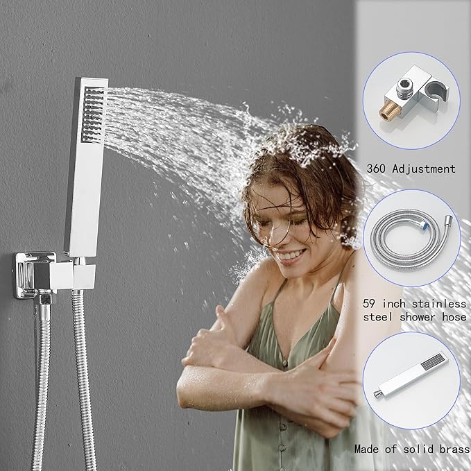 YCAIKOI Chrome Shower System, 8 Inch High Pressure Rain Shower with Handheld, Wall Mount Shower Faucet Set for Bathroom, Rough-in Valve Body and Trim Included