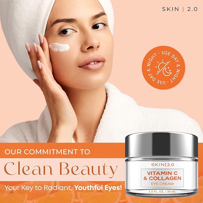 Skin 2.0 Vitamin C & Collagen Under Eye Cream for Dark Circles, Puffiness & Wrinkles – Hydrating, Firming & Restoring Radiance – Dermatologist Tested, Korean Skin Care, Vegan, Clean Beauty – 1 fl oz