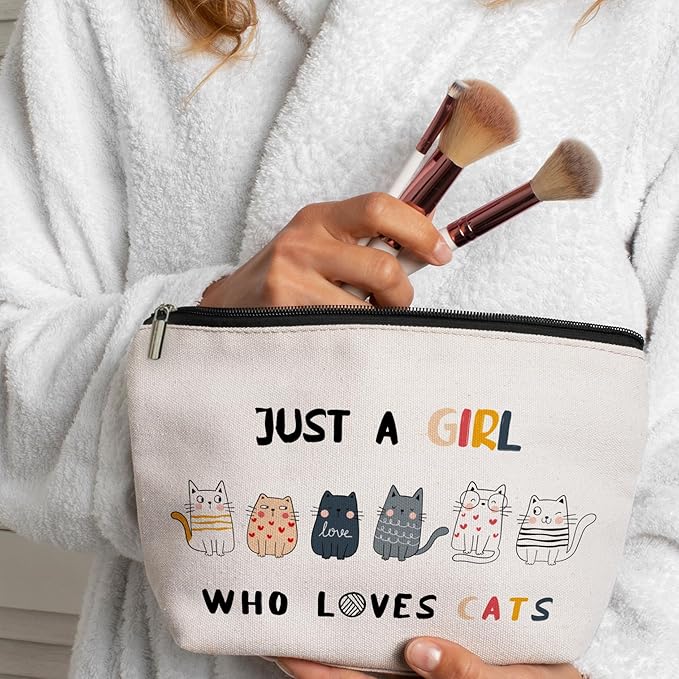 CLHHM Just A Girls Who Loves Cats Makeup Bag for Women Girls Cute Cat Themed Cosmetic Bag for Travel Storage Toiletry Funny Cat Lover Gift for Birthdays Christmas Ideal for Moms Daughters Friends