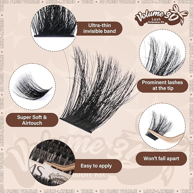 JMS&JMS Lash Clusters Kit 100D+200D Thick Cluster Lashes 3D Effect Eyelash Clusters Kit 10-18mm Volume Eyelash Clusters D Curl 3D Wispy Lash Clusters DIY Lash Extension Kit
