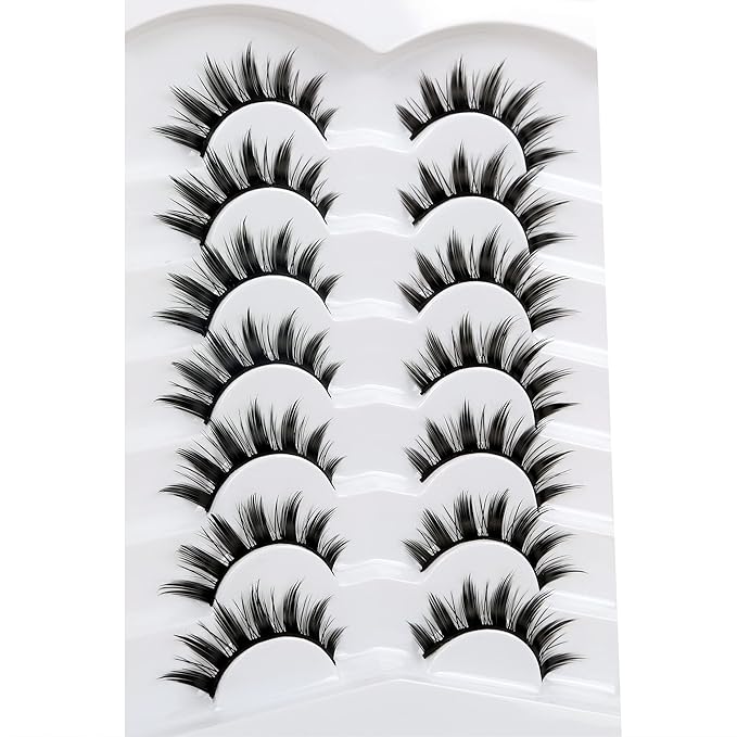 Pooplunch Manga False Eyelashes Spiky Natural Anime Lashes Doll Eye 8D Wispy Volume Sexy Faux Mink Fake Eyelash Strips 7 Pairs Pack