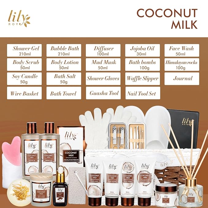 Valentines Day Gifts Coconut Vanilla Spa Gift Set for Women - Luxurious 28Piece Body Care Collection, Bath & Body Basket Gift Set for Mothers Day, Birthday, Christmas Gifts Self Care Gift