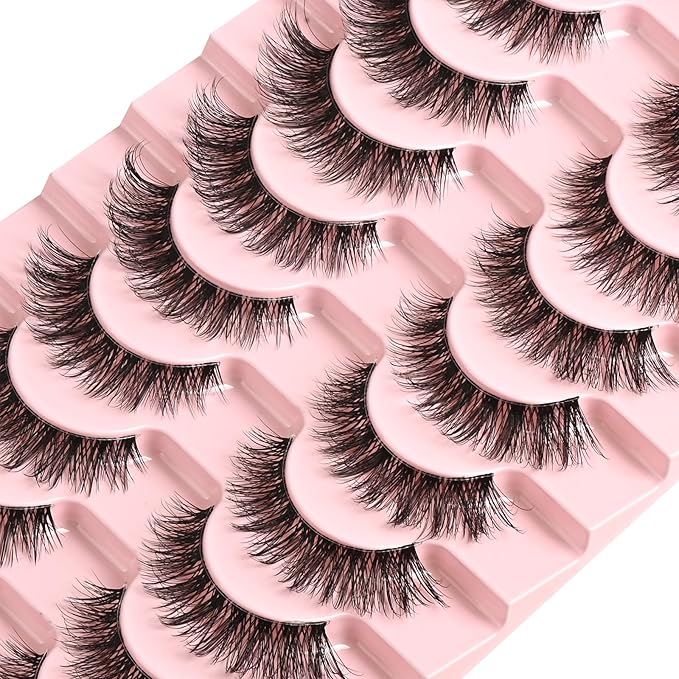 FARRED Natural False Eyelashes Cat Eye Lashes Strips Invisible Band Fake Mink Strip Lash Wispy Thin Clear Band Cateye Eye Lash Pack Full Volume Medium Length 8-14 mm Short Wispies Pestañas Postizas