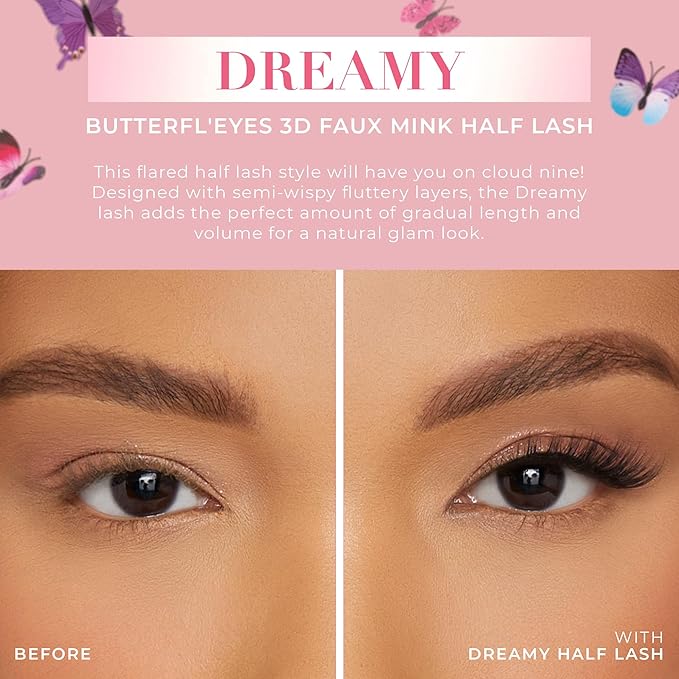 Lilly Lashes Butterfl'eyes Faux Mink Lashes, Half Lashes Natural Look & Feel, False & Reusable Eyelashes 20x, No Trimming + Easy to Apply, Round Style, Lash Glue not Included, 13mm (Dreamy)