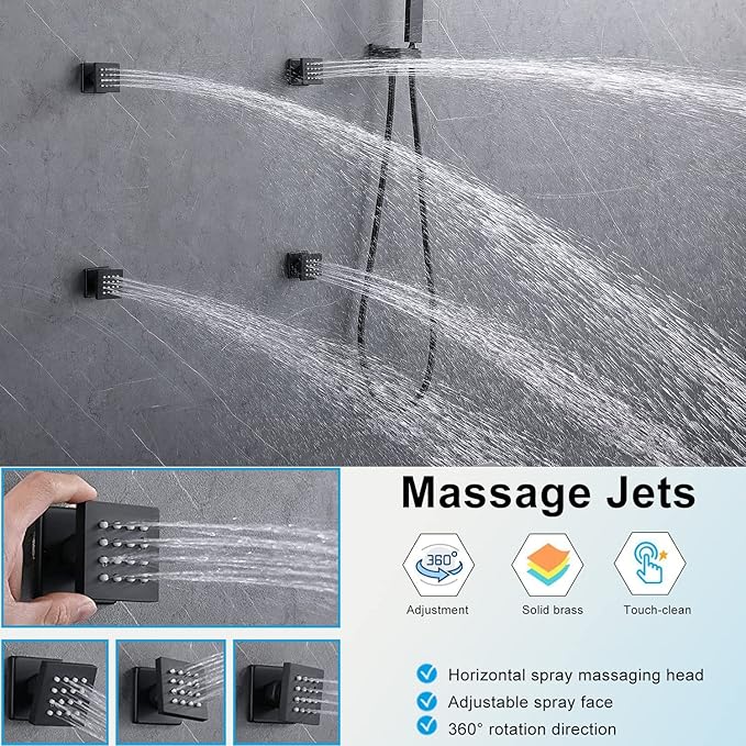 WHSHOWER Digital Display Shower Faucet Set With 14x20 Inch LED Rainfall Shower Head,Brass Handheld Sprayer And 6pcs Body Jets,Full Body Shower System (Matte Black)