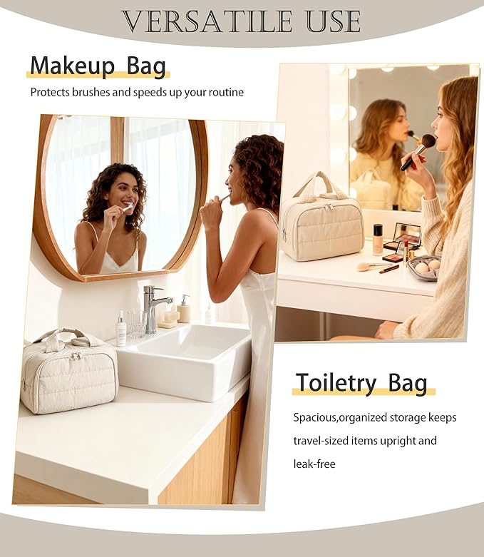 BUZFOWU Travel Toiletry Bag for Women, Large Wide-open Puffy Cosmetic Makeup Bag with Wet-Dry Separation, Multi-Pocket Organizer with Carry Handle for Toiletries, Cosmetics, Essentials, Beige