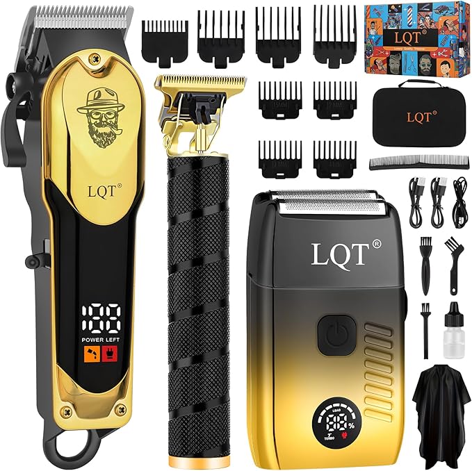 3-in-1 Barber Kit, Professional Hair Clipper, T-Blade Trimmer & Foil Shaver Set, Long-Lasting Battery, LED Display, Cordless Rechargeable Hair Cutting Tools for Men, Gold, Home-use, Gifts for Men