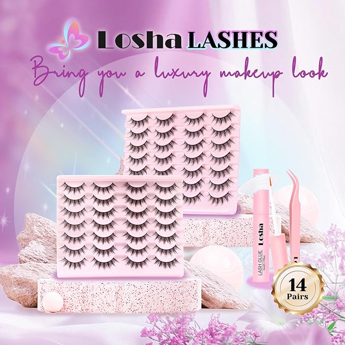 Losha Lashes Spiky Manga Lashes 14 Pairs Asian Anime Eye Lashes Kit with Lash Glue and Lash Tweezers Wet Look Wispy False Eyelashes (Spiky)