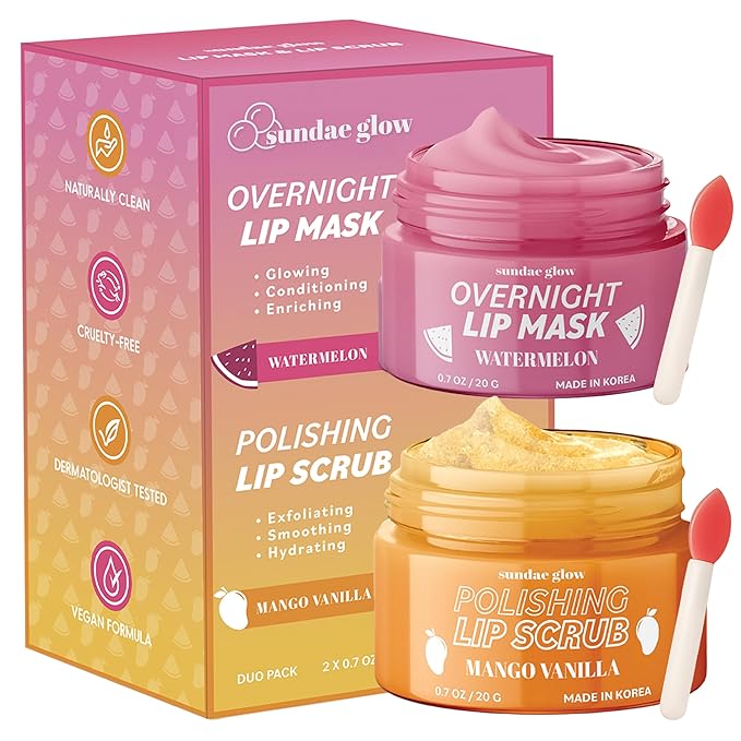 Sundae Glow Lip Mask & Scrub – Watermelon, Mango & Vanilla – Hydrates, Exfoliates, Softens & Repairs Dry, Cracked Lips – Dermatologist Tested, Korean Skin Care – Vegan, Clean Beauty – Duo Pack