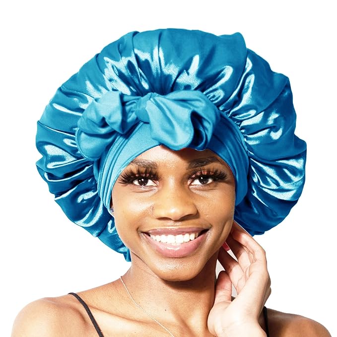 BONNET QUEEN Silk Bonnet for Sleeping Women Satin Bonnet Night Sleep Cap Wrap for Curly Hair with Adjustable Tie Band, Single Layer, Aqua Blue