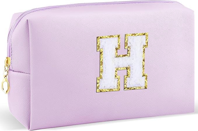 URSKYTOUS Gifts for Girls Initial Makeup Bag Personalized Cosmetic Bag with Zipper Cute Travel Toiletry Bag Waterproof PU Preppy Makeup Pouch Birthday Gift for Teen Girls Women(Purple H)