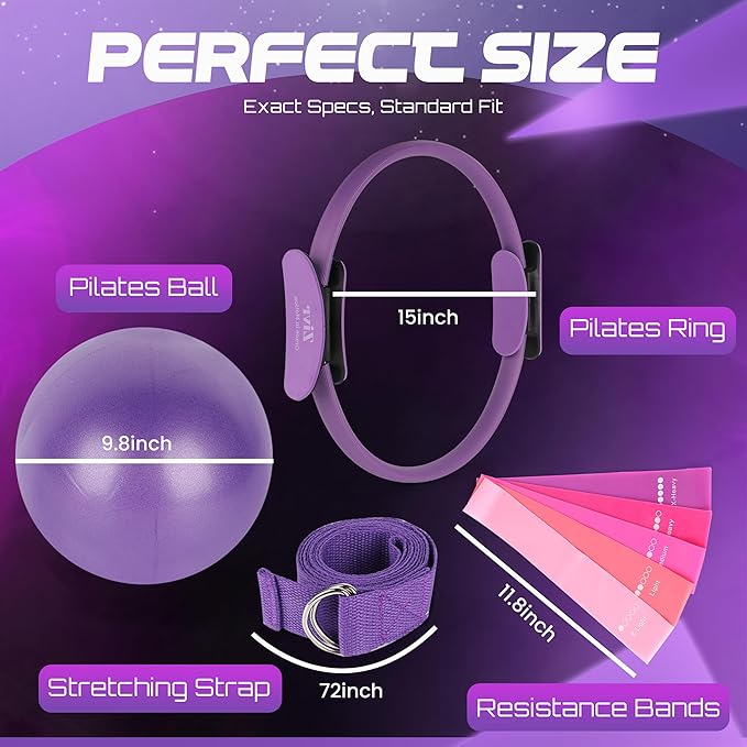 Pilates Ring and Ball Set for Home Workout – Pilates Kit for Full Body Toning & Flexibility with 15” Pilates Ring, Pilates Ball, Non-Slip Socks, Stretching Strap, 5X Resistance Bands & Tote Bag