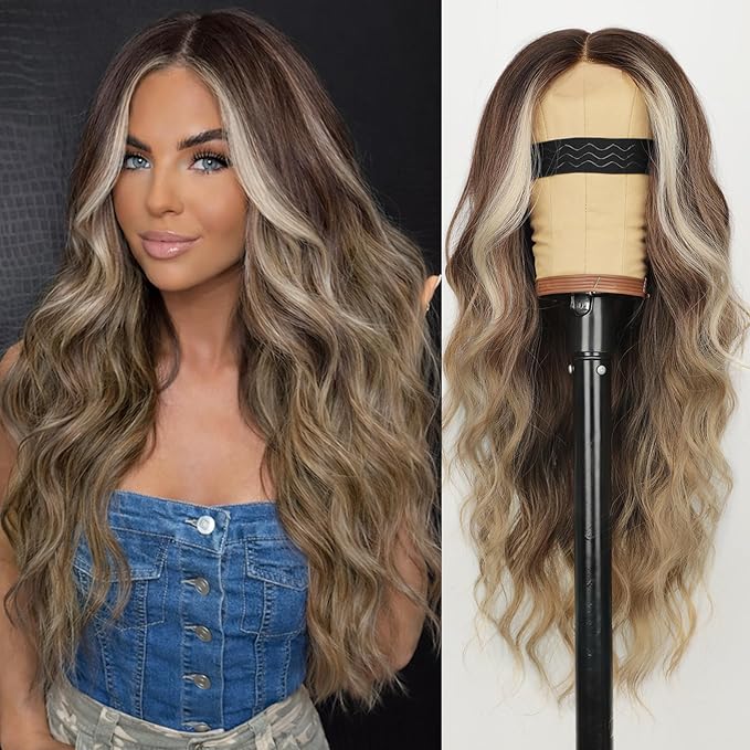 AISI HAIR Brown Balayage Blonde Wig for Women, Long Wavy Lace Hairline Middle Part Synthetic Heat Resistant Wig for Daily Party-26 Inch