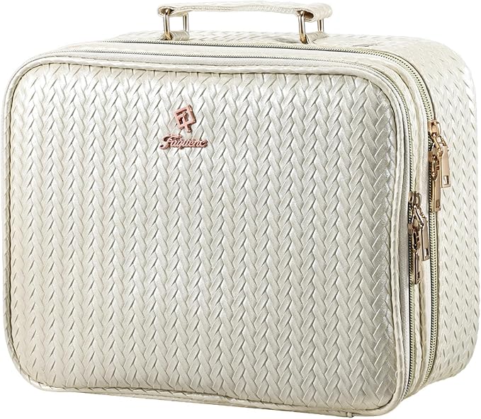 Faquenc Makeup Bag with LED Lighted Mirror 12.2 IN Cosmetic Train Case Double Layer Makeup Case Adjustable Brightness in 3 Colors Cosmetic Organizer Artist Storage with Brush Holder Vanity Beige