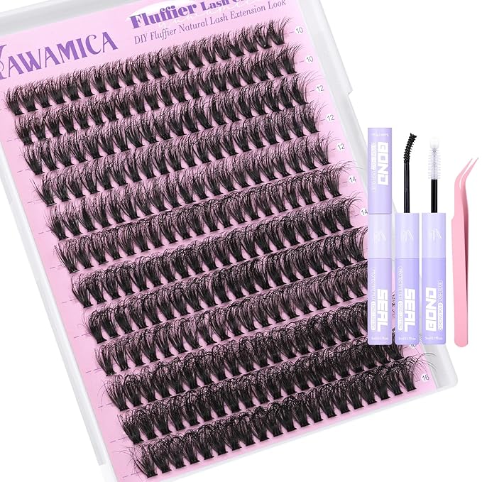 Yawamica Lash Clusters Kit Fluffy Eyelash Extension Kit 10-16mm Eyelash Clusters 50D Volume Individual Lashes 240pcs D Curly Cluster Eyelash Extensions DIY Cluster Lashes with Bond and Seal Tweezers