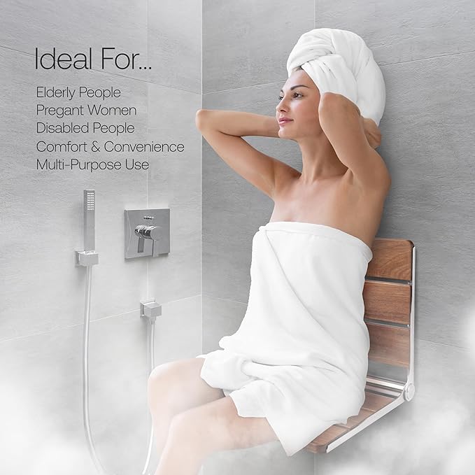 Homewell 18" Folding Shower Seat - Wall Mounted Burmese Teak Wood Shower Seat, 330lbs Capacity - Foldable Shower Chair for Extra Comfort, Seniors, Pregnant & Multi-Purpose Use (Stainless Steel)