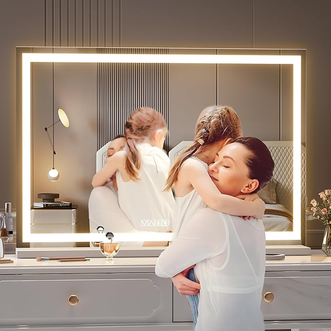 Hasipu Vanity Mirror with Lights and Bluetooth Speaker, 47" x 29.5" LED Makeup Mirror, Lighted Makeup Mirror with Dimmable 3 Modes, Touch Screen Control Vanity Mirror Square White