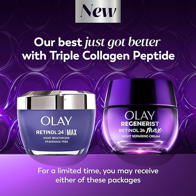 Olay Retinol Night Cream for Women, MAX, Anti-Aging Face Mousturizer, Fragrance-Free, Non Greasy Anti-Wrinkle, Smooth Fine Lines, Hydrating Skin Triple Collagen Cream, Niacinamide, 1.7oz (Pack of 2)
