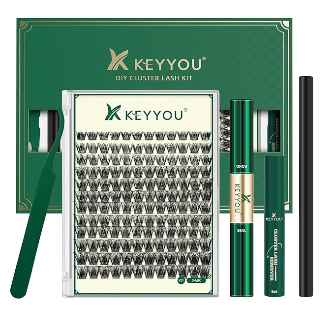 KEYYOU Lash Clusters Kit Natural Wispy DIY Lash Extension Kit 144pcs Lashes Clusters Eyelash Extension with Mascara Brush Bond and Seal Glue Remover Applicators and Brush for Lashes Extensions (Y01)