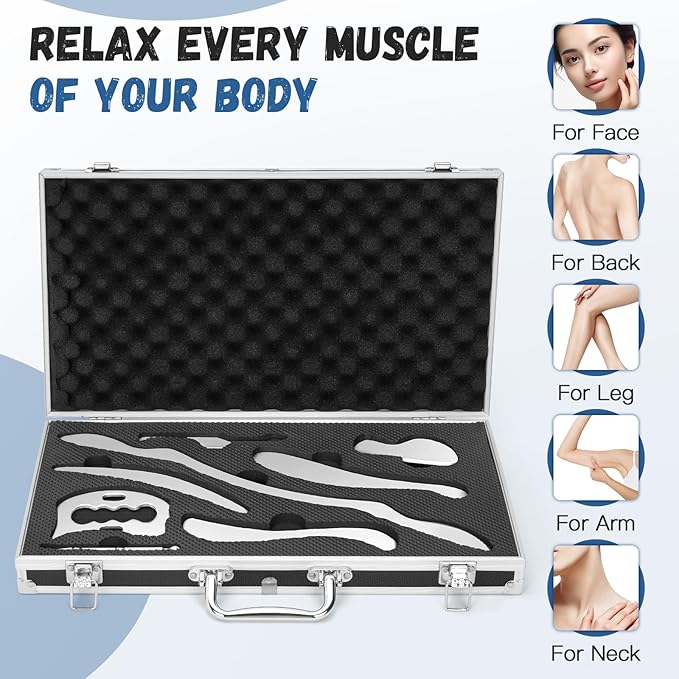 8 in 1 Stainless Steel Gua Sha Muscle Scraper Massage Tool Set IASTM Tools Portable Scraping Tool Physical Therapy Great Soft Tissue Mobilization with Carrying Case