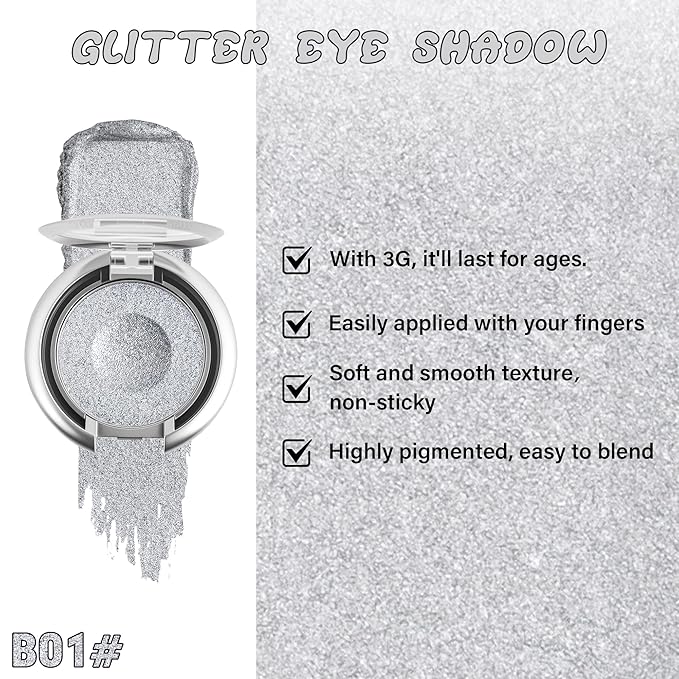 Glitter Eyeshadow,Duochrome Holographic Silver White Shimmer Eye Shadow,Chameleon High Pigmente Sparkly Shadows Palette，Iridescent Metallic Eye Highlighter，Makeup for Rave，LongWear,01#
