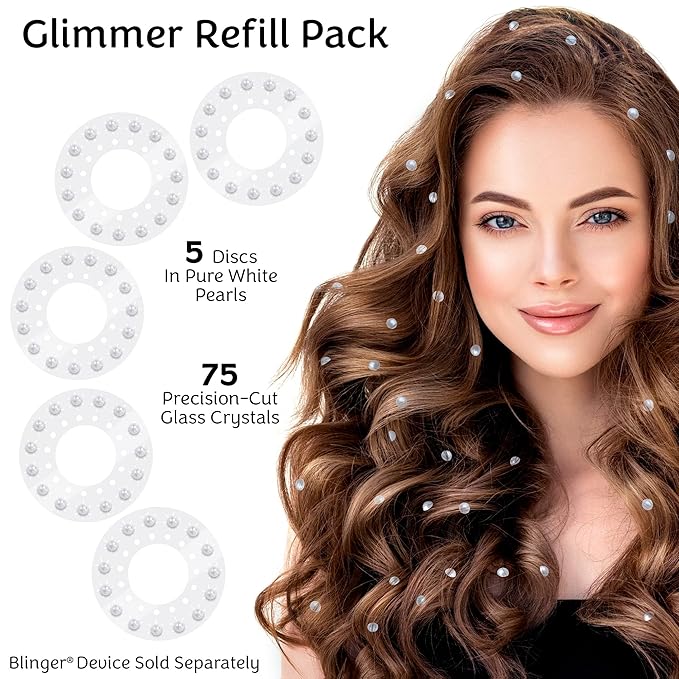 blinger® Shimmer Crystal Refill Pack – as seen on Shark Tank | 5 Discs – 75 Precision-Cut Glass Crystals | Hair-Safe Accessories | Styling Tool not Included | Pure White Pearls 5 mm