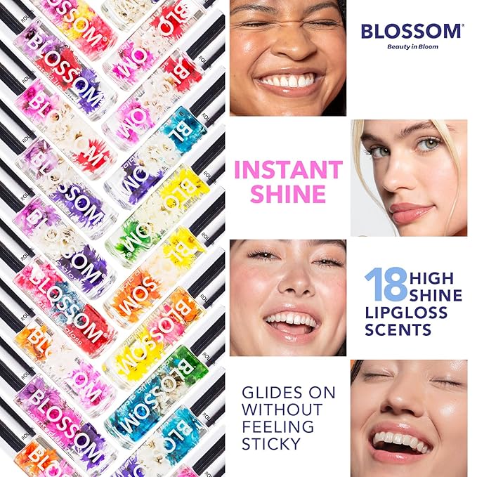 Blossom Roll on Lip Gloss, Gourmand Scented Clear High Shine Moisturizing Lip Oil, Non Sticky, Infused with Real Flowers, Made in USA, 0.2oz, Almond Biscotti