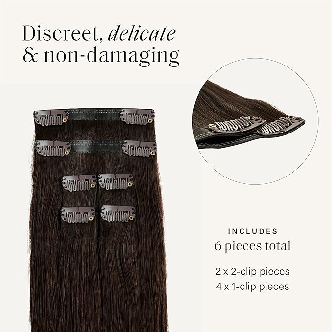 Luxy 100% Remy Human Hair Extensions for Thin Hair Thinning Hair Fill-Ins – 6 Seamless Wefts Multi-Dimensional Color Blend - Natural-Looking Volume & Coverage 50 grams 12" Dark Brown Thinning