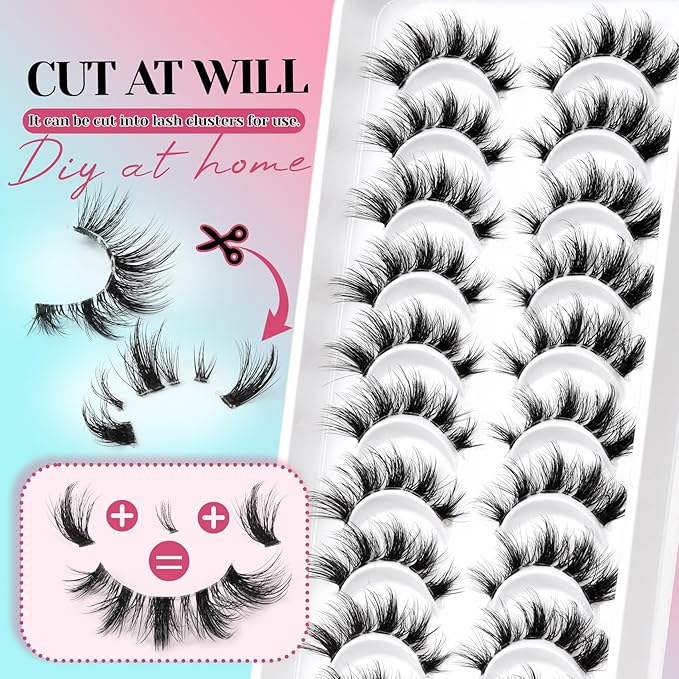 Losha Lashes Natural Cat Eye Lashes 10 Pairs Wispy False Eyelashes with Clear Band 7-14mm Faux Mink Lashes C Curl Lash Strips with Multi-layered Design (FT02)