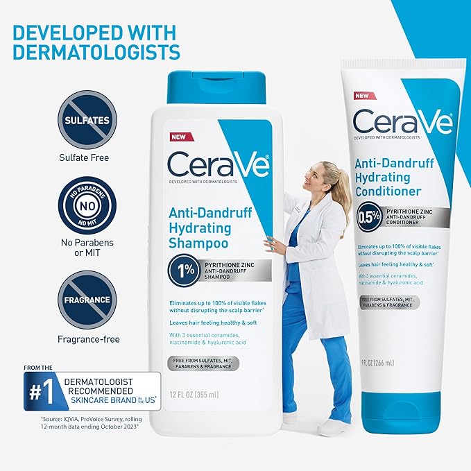 CeraVe Hydrating Anti Dandruff Shampoo and Conditioner Set, Pyrithione Zinc Dandruff Treatment With Ceramides, Hyaluronic Acid & Niacinamide, Helps Elimanate Flakes & Reduce Itchy Scalp