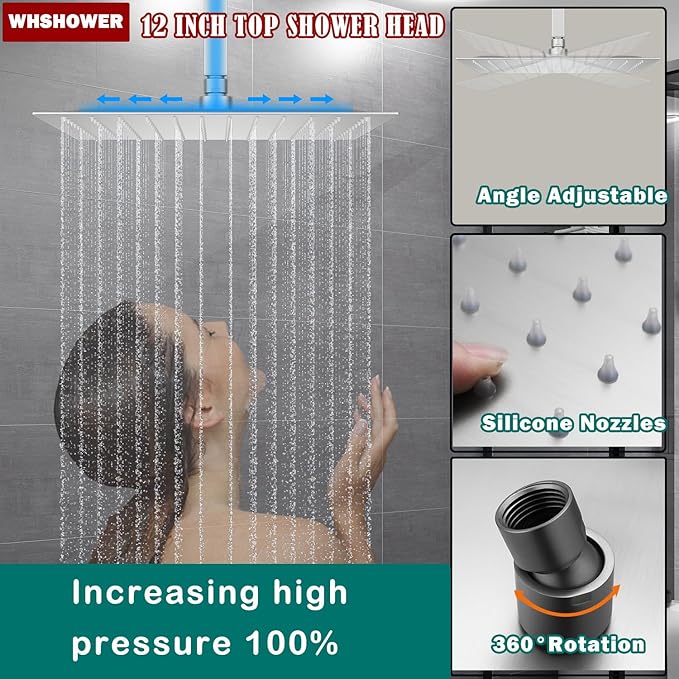 WHSHOWER Brushed Nickel Shower System with 12+8+8" Three Top Shower Heads, Full Body Shower System with Temperature Display,Handheld Sprayer and Body Jets Shower Set