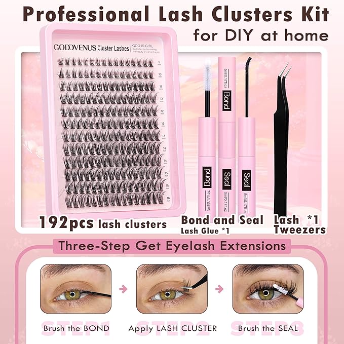 Lash Clusters Kit Wispy Lash Extension Kit Waterproof Lashes Clusters DIY Eyelash Clusters Kit with Natural Individual Eyelashes, Lashes Glue Bond and Seal and Lash Tweezers (D Curl 192pcs)