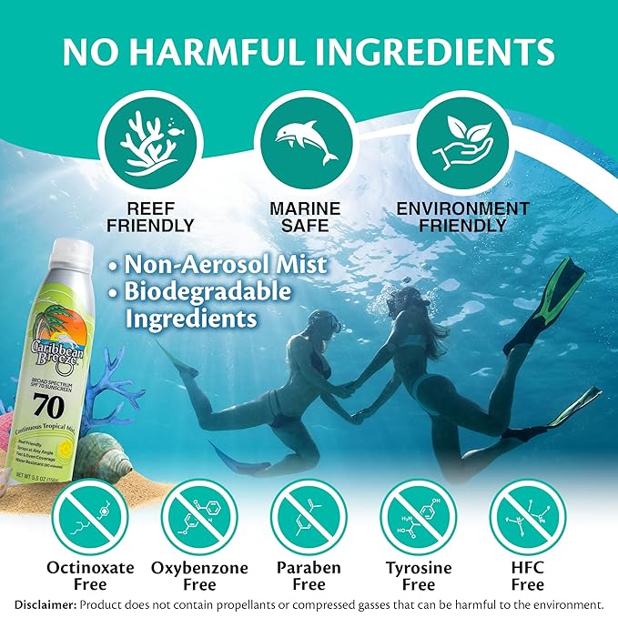 Continuous Tropical Mist Spray Sunscreen SPF 70, Reef Safe Sunscreen Spray, Up to 80 Minutes Water Resistant Sunscreen Face Spray, 5.5 Ounces