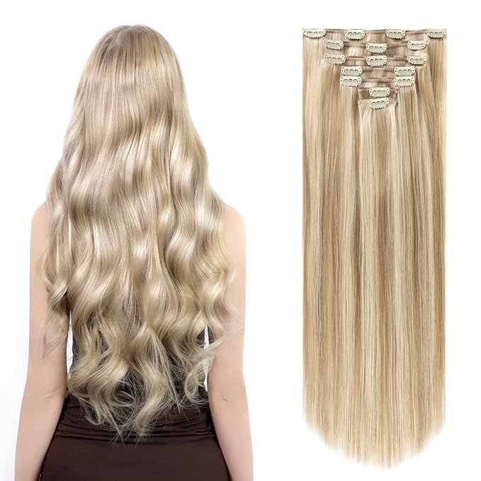 Clip in Hair Extensions Real Human Hair, Silky Remy Hair Extensions Clip Ins, Salon Quality Natural Human Hair, Light Blonde Highlighted Golden Blonde #P16/22 24Inch 120G 7PCS