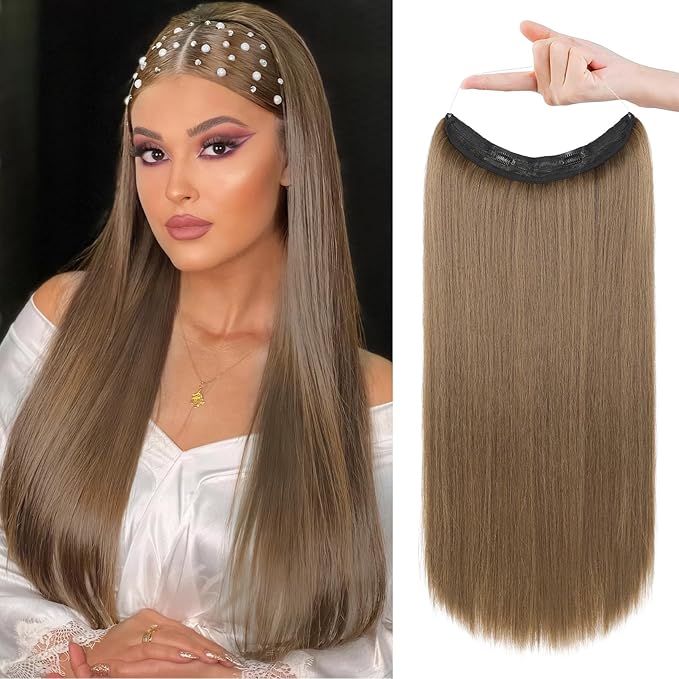 REECHO Invisible Wire Hair Extensions with Transparent Headband Adjustable Size Removable Secure Clips in Straight Secret Hairpiece for Women - 16 Inch,Light Brown